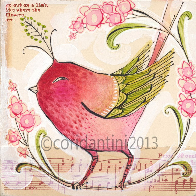 go out on a limb, an 8 x 8 inch archival limited edition print of a whimsical songbird, by cori dantini image 1