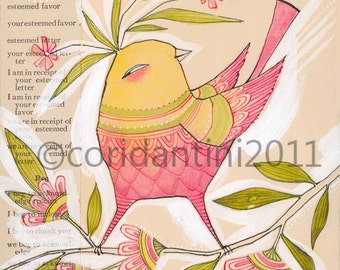 Impresión de acuarela de arte popular moderno de pájaro rosa: decoración botánica para guardería