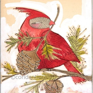 whimsical red watercolor painting of a cardinal - ink - drawing - animal art - archival - limited edition print...JOY... holiday art, 5x7