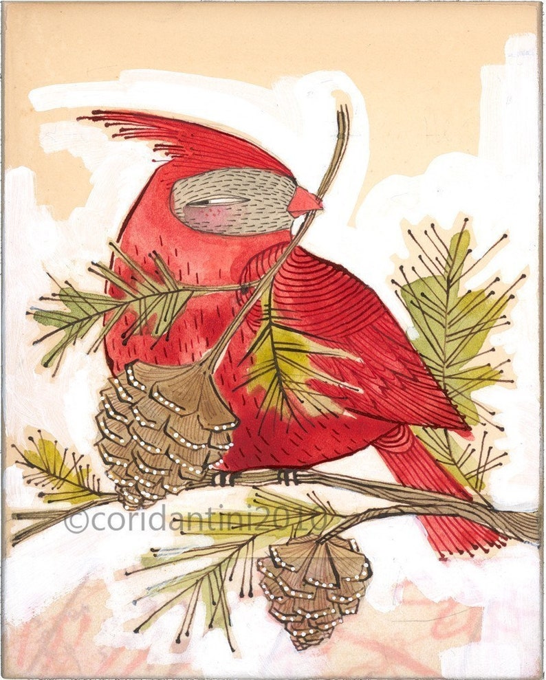 whimsical red watercolor painting of a cardinal ink drawing animal art archival limited edition print...JOY... holiday art, 5x7 image 1