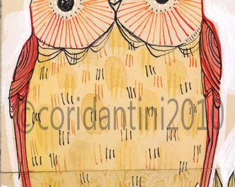 orange owl - illustration - 5 x 10 inches - limited edition and archival watercolor by cori dantini