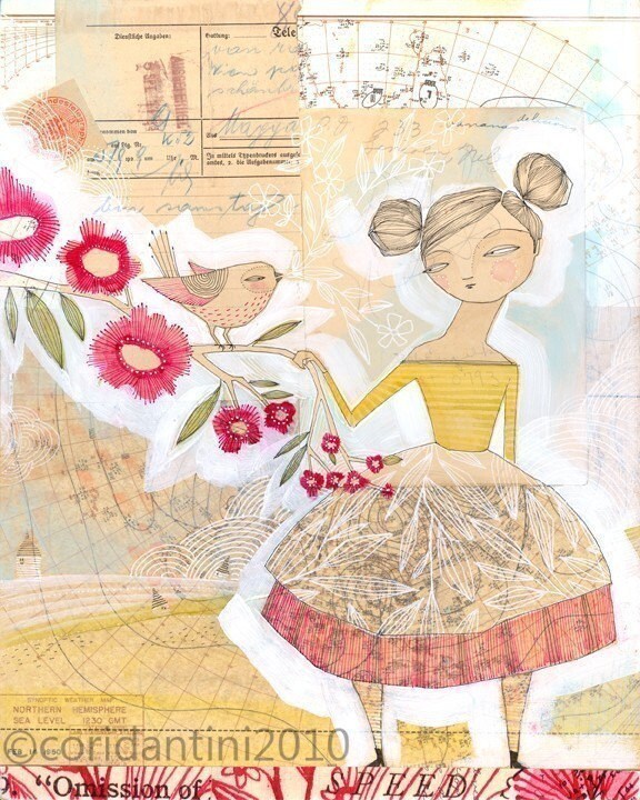 illustration of woman with singing bird - art - 8 x 10-  by cori dant…