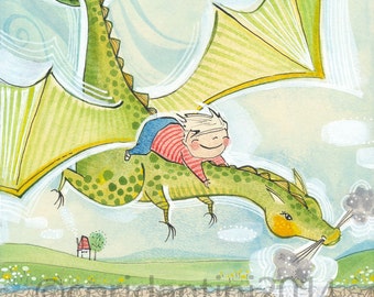 Dragon Nursery Art Print: Boy Riding Dragon Illustration by Cori Dantini (8x10)