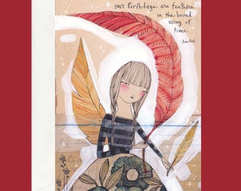 Cori Dantini Birthday Card: Girl with Feathers, Watercolor Artwork