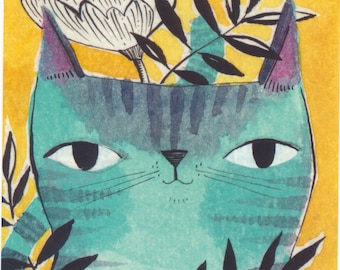 Floral Cat Art Postcard by Cori Dantini
