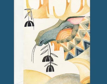 GREETING CARD modern and whimsical illustation of a watercolor moose, by Cori Dantini