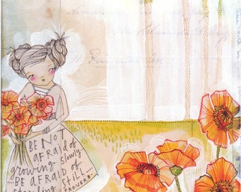 Difficult time, challenges, Greeting Card for her, girl with flowers, possibility, the future, Graduation, Divorce, Hope, watercolor, poppy