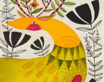 Impresión artística de ciervos coloridos: pintura geométrica moderna de acuarela