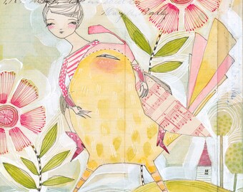 illustration art | girl riding a bird | folk painting watercolor | girl art print | whimsical art | limited edition |  print by cori dantini