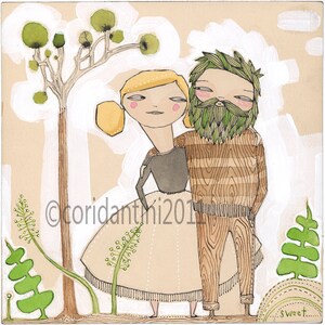 May include: A watercolor illustration of a couple standing together in a forest. The woman has blonde hair and is wearing a brown dress with white polka dots. The man has a green beard and is wearing a brown and white striped shirt. The background is a light brown with green trees and ferns.