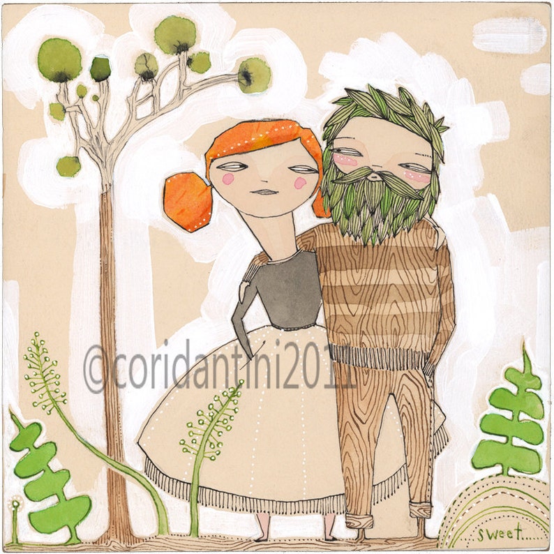 May include: A watercolor painting of a couple standing together in a forest. The woman has red hair and is wearing a brown dress. The man has a green beard and is wearing a brown sweater. The painting is set against a background of trees and foliage.
