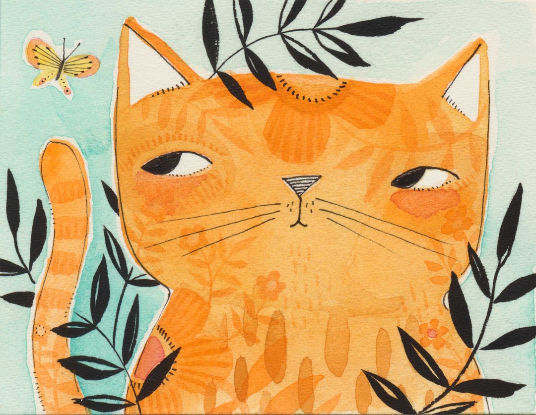 Whimsical Orange Cat Art Print: Butterfly Watercolor Painting - Etsy