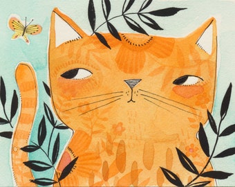 Limited edition archival art print of a whimsical watercolor painting of a cute orange cat filled with a butterfly, by cori dantini