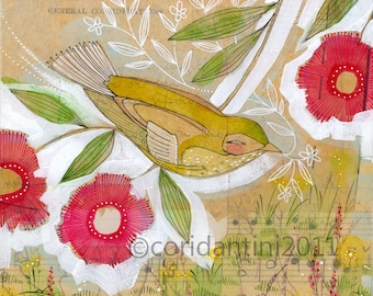 bird art- yellow bird - bird in meadow- by cori dantini - 8 x 8 limited edition archival print by corid
