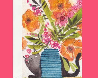 Greeting Card, Whimsical Cat Floral Illustration, Blank Inside, Cori Dantini Art
