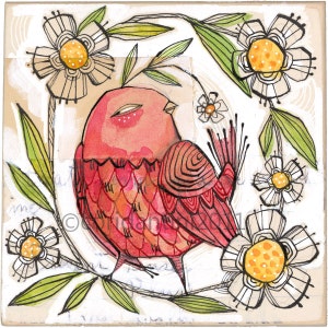 whimsical folk painting of a red bird  - 8 x 8 inch - limited edition - archival print by corid