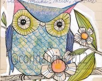 blue owl - watercolor painting - illustration - 8 x 8 inches - archival, limited edition print by cori dantini