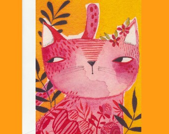 Pink Cat Greeting Card, Floral Whimsical Art, Blank Inside Cori Dantini