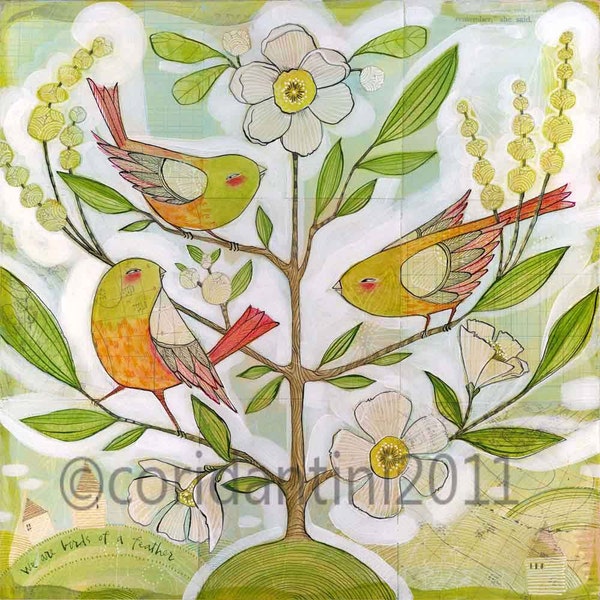 birds in a tree - folk painting - limited edition, archival print of an original watercolor painting by cori dantini