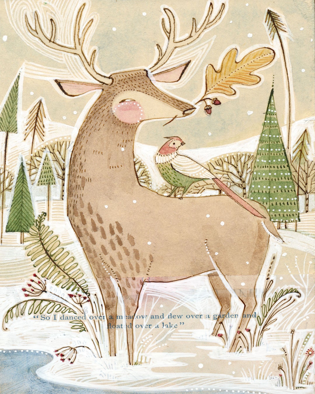 Whimsical Elk and Pheasant Holiday Christmas Archival Art Print ...