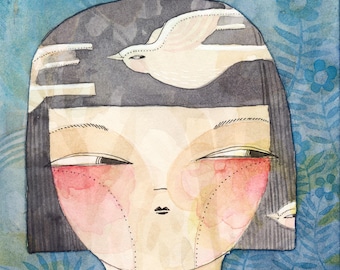 Modern Folk art Watercolor Print: Bold Colorful painting of woman with birds Art by Cori Dantini