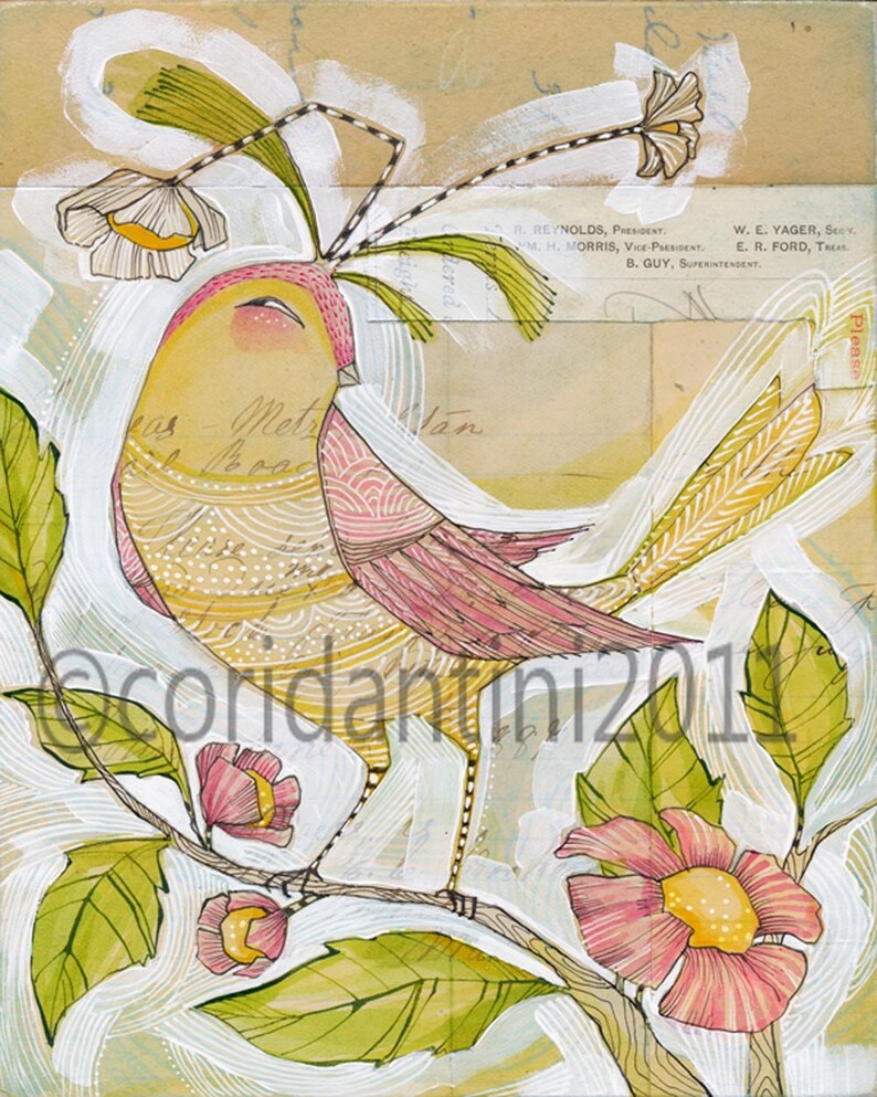 whimsical watercolor painting of a yellow bird 8 x 10 limited edition archival print by cori dantini child decor image 1