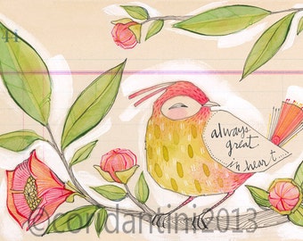 watercolor painting of a bird with flowers, inspirational,  whimsical 5 x 7 - limited edition archival print by cori dantini