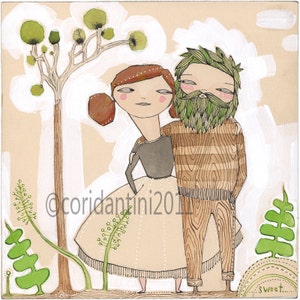 May include: A watercolor painting of a couple standing together in a forest setting. The woman is wearing a brown dress with a white skirt and the man is wearing a brown and white striped shirt. The painting is done in a whimsical style with a lighthearted feel.