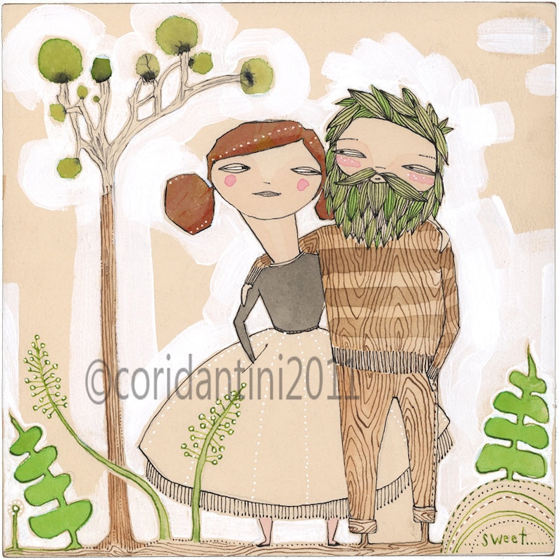 May include: A watercolor painting of a couple standing together in a forest setting. The woman is wearing a brown dress with a white skirt and the man is wearing a brown and white striped shirt. The painting is done in a whimsical style with a lighthearted feel.