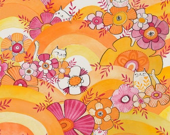 Limited edition archival art print of a whimsical watercolor painting of cute kitties with flowers and rainbows, by cori dantini