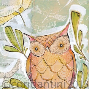 owl art - orange - watercolor - folk art - 8x10 archival limited edition - vertical print by cori dantini