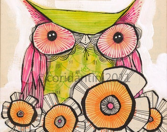 green and pink owl - illustration - 8 x 8 inches - limited edition and archival watercolor by cori dantini