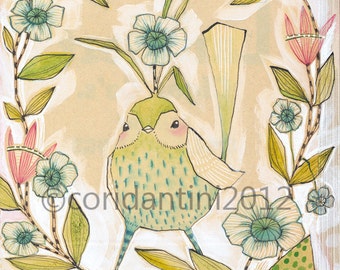 whimsical watercolor painting of a cute blue bird - 8 x 10 - archival and limited edition print by cori dantini