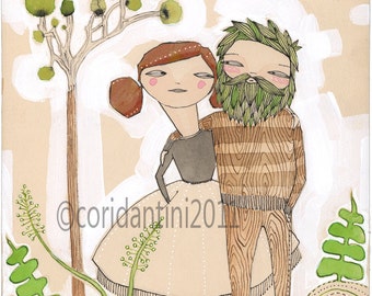 illustration art | watercolor portrait of an outdoorsy couple | bride and groom | love art print | sickeningly sweet by cori dantini