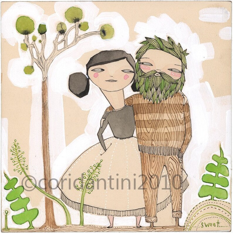 May include: A watercolor painting of a couple standing together in a forest. The woman is wearing a brown dress and the man is wearing a brown sweater and pants. The couple is surrounded by green trees and plants. The painting is signed "Coridintini 2010" and "Sweet."