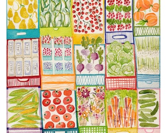 modern and whimsical Fruit and Vegetables print with a scandanavian feel brings delightful color to your kitchen/dining room by cori dantini
