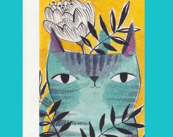 GREETING CARD whimsical cat illustration, blank inside, Cori Dantini art