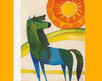 GREETING CARD whimsical horse illustration, blank inside, Cori Dantini art