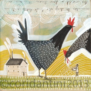 Chicken Art Print - folk art - painting - watercolor - of a farmer feeding his chicks - kitchen art,  8 x 8 inch print by cori dantini