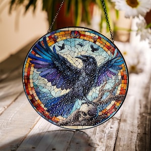 Raven Stained Glass Suncatcher, Gothic Crow Window Decor, Spooky Indoor Art, Unique Housewarming Gift, Halloween Raven Lovers Gift Idea