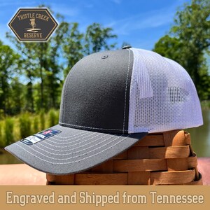 Charcoal/White Custom Patch Hat, Business Logo hat, Custom leather patch, leather patch hat, Baseball Hat, Richardson 112, Trucker Hat