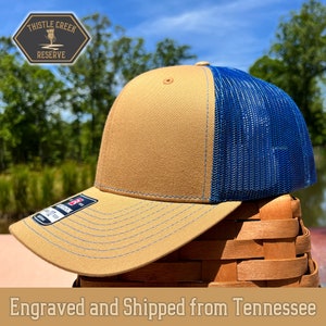Biscuit/True Blue Patch Hat, Hat Business Logo hat, Customer leather patch, leather patch hat, Baseball Hat, Richardson 112, Trucker Hat