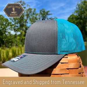 Charcoal/Neon Blue Custom Patch Hat, Business Logo hat, Custom leather patch hat, Baseball Hat, Richardson 112, Trucker Hat