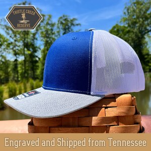 Royal Blue/White/Heather Grey Custom Patch Hat, Business Logo hat, Custom leather patch hat, Baseball Hat, Richardson 112, Trucker Hat