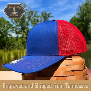 Royal Blue/Red Custom Patch Hat, Business Logo hat, Custom leather patch hat, Baseball Hat, Richardson 112, Trucker Hat