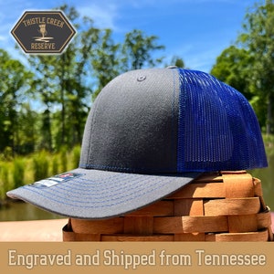 Charcoal/Royal Blue Custom Patch Hat, Business Logo hat, Custom leather patch hat, Baseball Hat, Richardson 112, Trucker Hat