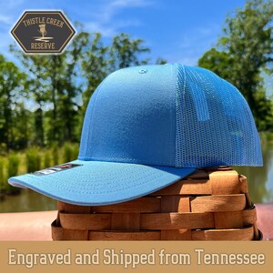 Columbia Blue Custom Patch Hat, Business Logo hat, Custom leather patch, leather patch hat, Baseball Hat, Richardson 112, Trucker Hat