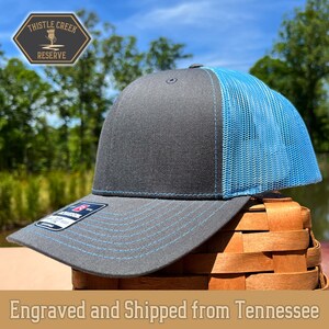 Charcoal/Columbia Blue Custom Patch Hat, Business Logo hat, Custom leather patch hat, Baseball Hat, Richardson 112, Trucker Hat