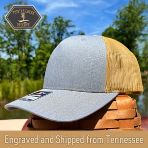 Heather Grey/Amber Gold Custom Patch Hat, Business Logo hat, Custom leather patch hat, Baseball Hat, Richardson 112 Five Panel