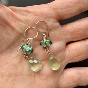 Luminous Sterling Silver, Lampworked Glass and Faceted Prehnite Drop Earrings image 2